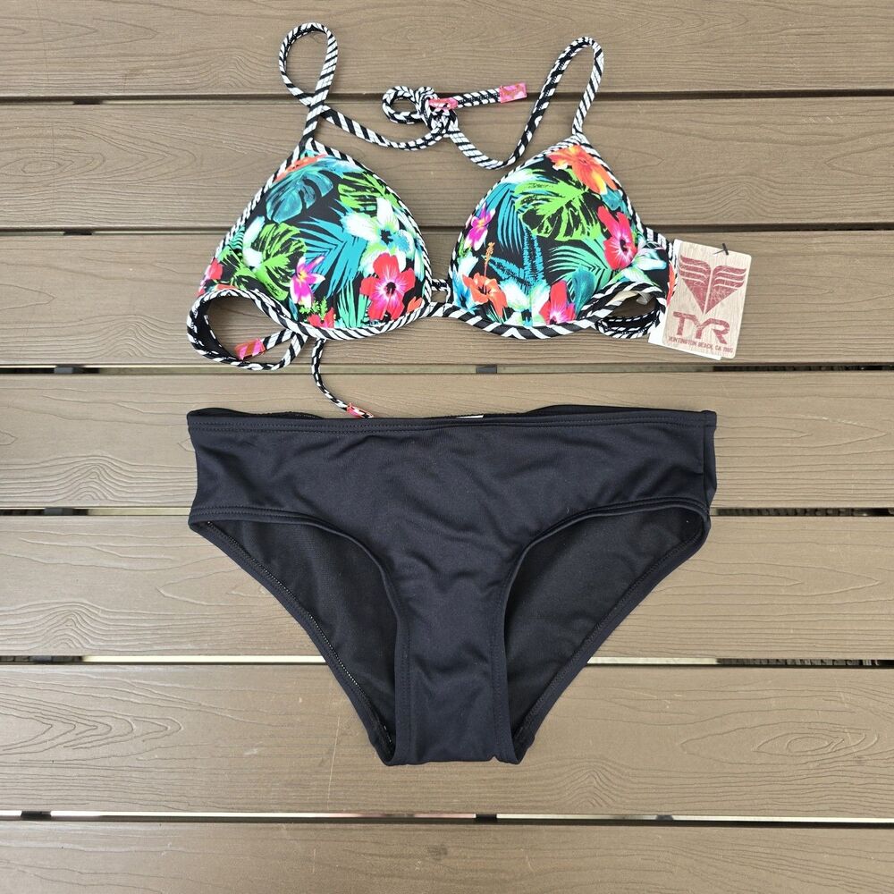 TYR Floral Take A Trip Push Up Bra & Solid Black Bikini Set SZ M NEW